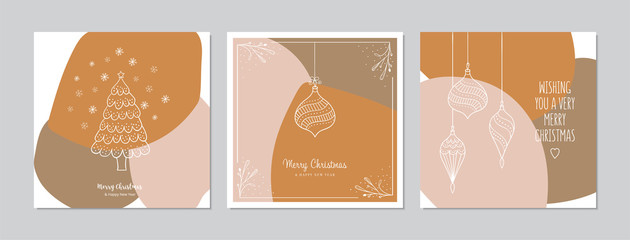 Merry Christmas square cards set with Christmas trees, baubles and greetings. Doodles and sketches vector Christmas illustrations. - 298080841