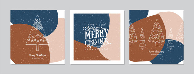 Merry Christmas square cards set with Christmas trees, snowflakea and greetings. Doodles and sketches vector Christmas illustrations.