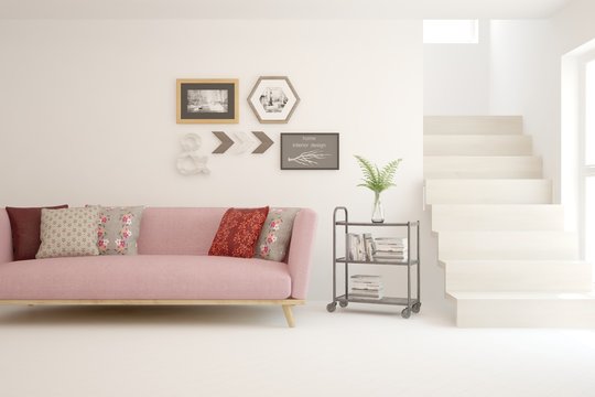 Stylish room in white color with sofaand stair. Scandinavian interior design. 3D illustration