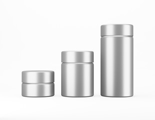 Set of glossy metal jar mockup on white background. Template packaging food, cosmetics, chemistry different size big, medium, small. 3D rendering