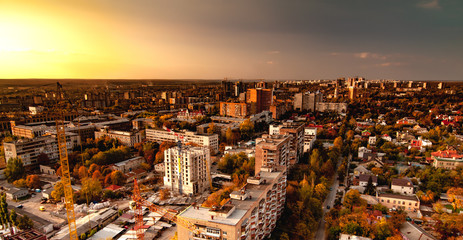 Aerial view fog over a provincial European city