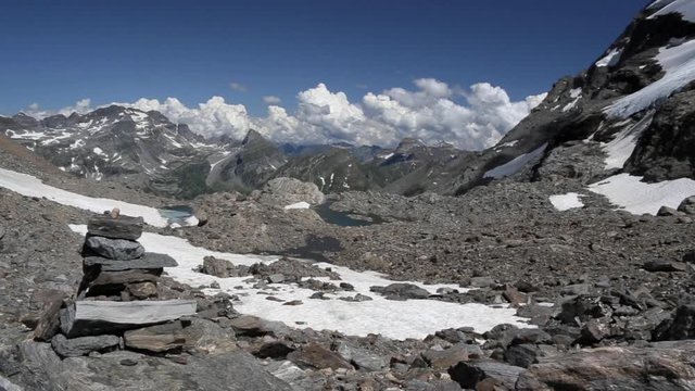 Panoramic view of the Bocchetta d'Aurona and the glacial lake, between Monte Leone and Punta Terrarossa.