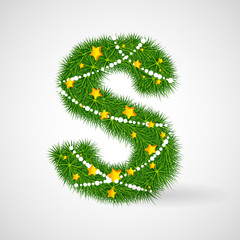 Decorated Christmas and New Year tree abc. Vector decorative font with fir-tree, stars and garlands. Retro vintage style typeface letter set.