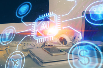 Technology theme drawing and work space with computer. Multi exposure. Concept of innovation.