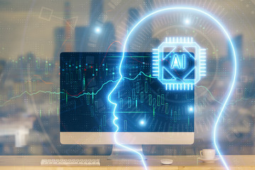 Double exposure of table with computer and brain hologram. Data innovation concept.