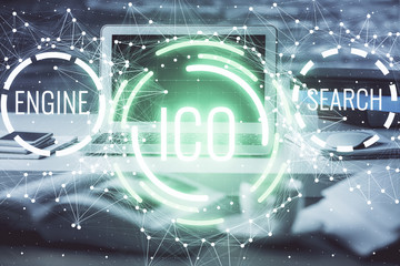 Multi exposure of blockchain theme hologram and table with computer background. Concept of bitcoin crypto currency.