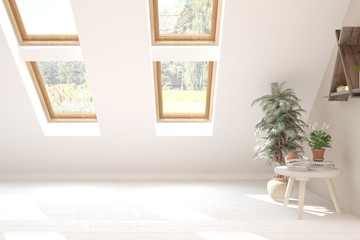 Stylish empty room in white color with summer landscape in window. Scandinavian interior design. 3D illustration