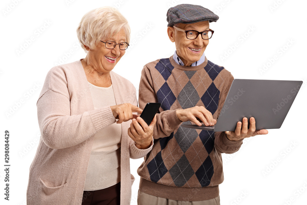 Sticker senior man using a laptop and senior woman using a smartphone