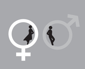silhouette of man and woman are leaning inside the gender symbols, sign symbol background, vector illustration.