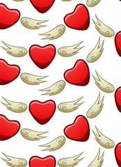 Red hearts with beige wings seamless pattern