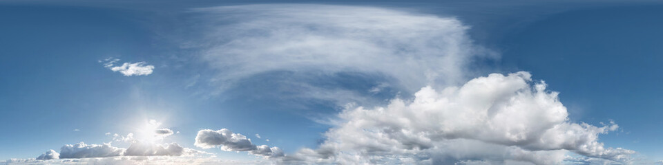 Seamless evening sky before sunset hdri panorama 360 degrees angle view with beautiful clouds  with zenith for use in 3d graphics as sky dome or edit drone shot