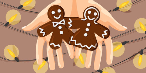 Vector Illustration of Gingerbread Men and Woman in Hands. Christmas Concept Design in Background with Garland in Flat Cartoon Style. Horizontal Template for Invitation, Greeting Card, Flyer, Banner