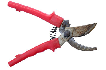 Garden secateurs with red plastic handles on a white background. Metal pruner for pruning trees isolate. Garden tools.