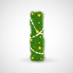 Decorated Christmas and New Year tree abc. Vector decorative font with fir-tree, stars and garlands. Retro vintage style typeface letter set.