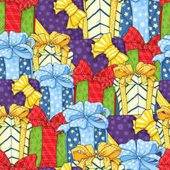 Vector seamless hand draw pattern with colorful gifts boxes with brights bow ribbon in cute artoons style.