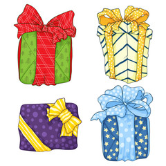 Gift boxes with ribbon bow with stripes, stars and dots in different brights color vector hand draw illustration collection in cartoons style. 