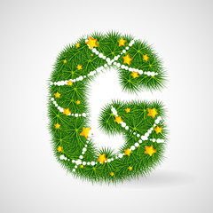 Decorated Christmas and New Year tree abc. Vector decorative font with fir-tree, stars and garlands. Retro vintage style typeface letter set.