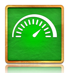 Speedometer gauge icon chalk board green square button slate texture wooden frame concept isolated on white background with shadow reflection