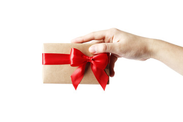 gift box in male hands isolated on a white background.