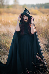 A girl in a black dress, a cloak with a hood. It stands in a high dry grass in the field against the background of the forest. Witch Costume, Satanist, Necromancer, Halloween Costume.