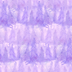 Seamless watercolor pattern, background. Blue spruce, pine, cedar, larch, purple, Blue abstract forest, silhouette of trees. Art illustration for your design. Abstract paint splash. Grunge texture