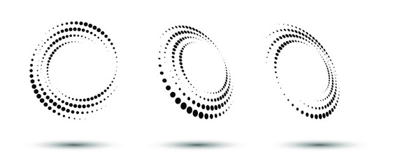 Halftone circle frame, abstract dots logo emblem design element for any project. Round border icon or backgroud. Vector EPS10 illustration. Abstract dotted halftone vector with differents perspective