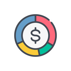 Financial statistics color line icon. Pie chart with dollar vector outline colorful sign.