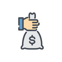 Money bag in hand color line icon. Banking investment and money making vector outline colorful sign.