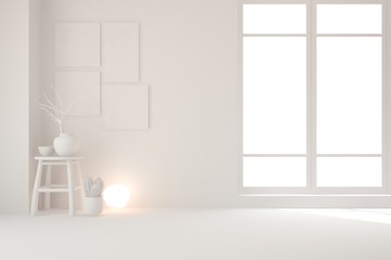 Empty room in white color. Scandinavian interior design. 3D illustration