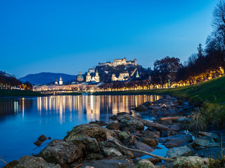 Salzburg at night, near River Salzach