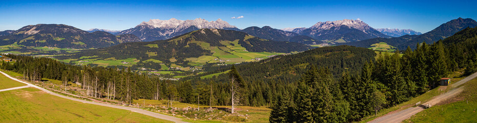 Fototapeta na wymiar High resolution stitched panorama of a beautiful alpine view at Fieberbrunn, Tyrol, Austria