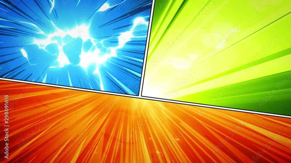 Poster comic book action layout background with power fx/ 4k animation of a powerful comics like page layou