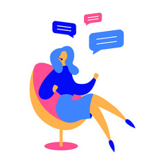 Call center, hotline flat vector illustrations. Female customer service agent with headsets talking with client