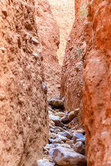 Valley eroded by rain and wind forming ravines in the red clay called Las Carcavas in Madrid