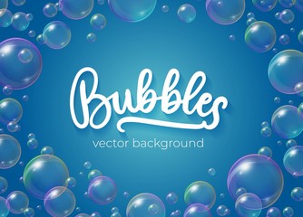 Festive bubbles with rainbow reflection vector illustration. Transparent soap balls with glares, highlights and gradient on blue background for your design