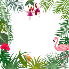 Fototapeta na wymiar Vector tropical jungle banner, frame with flamingo, palm trees, flowers and leaves on white background
