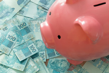 brazilian money and piggy bank