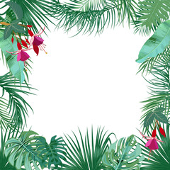 Fototapeta na wymiar Vector tropical jungle banner, frame with palm trees, flowers and leaves on white background