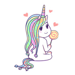 Kawaii unicorn eating swirl lollipop pastel color, happy cartoon vector