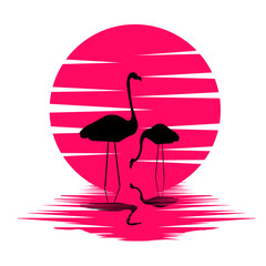 silhouette of a flamingo on a background of sunset, islands in the ocean in pink color