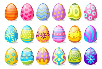 Festive decorated Easter eggs collection vector illustration. Set consists of festive egg with different colorful design. Happy Easter concept. Isolated on white