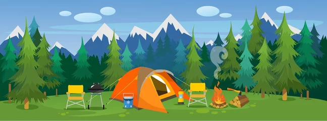 Foto op Plexiglas Camping travelling picturesque landscape vector illustration. Template with beautiful view on meadow of tourists camp with tent, campfire, bbq and chairs on mountain and forest background © Microstocker.Pro