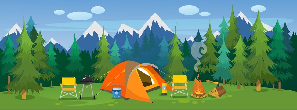 Camping travelling picturesque landscape vector illustration. Template with beautiful view on meadow of tourists camp with tent, campfire, bbq and chairs on mountain and forest background