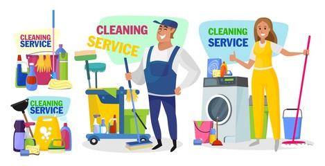 Poster of domestic cleaning service concept vector illustration. Smiling man and woman standing with mop and bucket, cleaning house equipments. Poster of professional housework