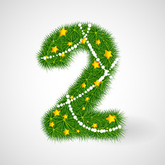 Decorated Christmas and New Year tree numbers. Vector decorative font with fir-tree, stars and garlands. Retro vintage style typeface letter set.