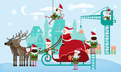 Santa Claus on a sleigh with deers and a huge bag of gifts. Elves helpers collect gifts - obrazy, fototapety, plakaty