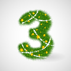 Decorated Christmas and New Year tree numbers. Vector decorative font with fir-tree, stars and garlands. Retro vintage style typeface letter set.