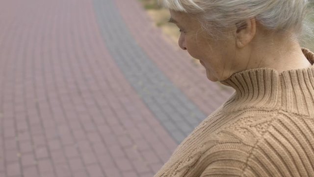 Smiling retired woman looking at granddaughter photo holding image hands, family