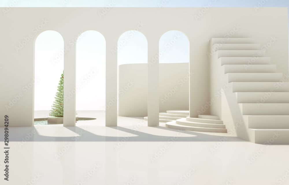 Poster Scene with geometrical forms, arch with a podium in natural day light. minimal landscape with Christmas tree background. 3D render background.