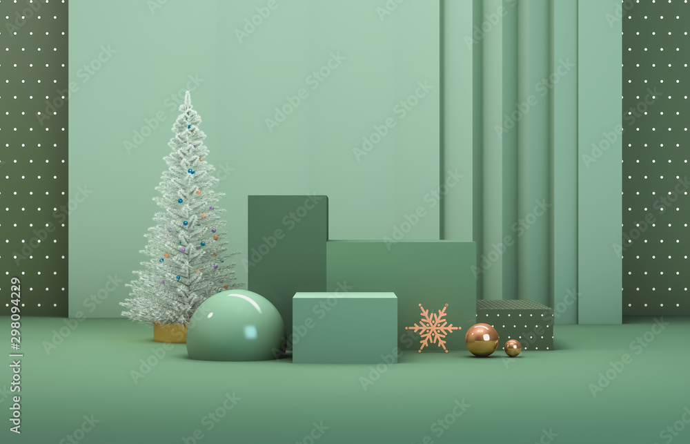 Poster abstract 3d composition. winter christmas background with christmas tree and stage for product displ
